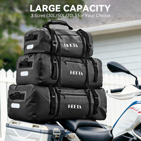 Stacked Waterproof Motorcycle Dry Bag 50L Duffel Luggage With Zippered Closure and Pocket Shoulder Straps on a motorcycle