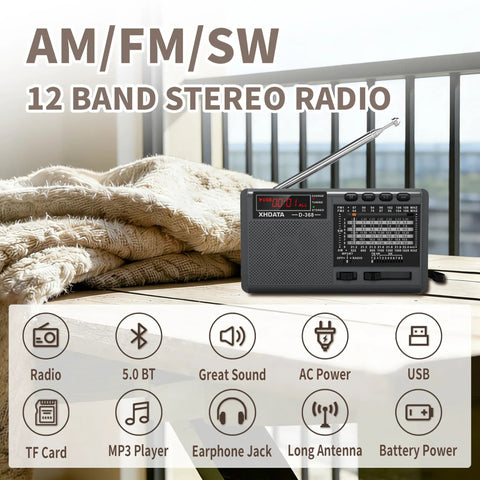 Dope Portable Shortwave Radio With DSP And 12 Bands AM FM SW on table with 22 inch antenna extended
