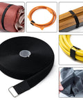 One Inch By Sixteen Foot Hook And Loop Straps With Twenty Five Metal Buckles Adjustable Fastening Straps Cut To Length Nylon Ties For No Fuss Organizer Or Storage Reusable Nylon Cable Ties Black in use with various items.