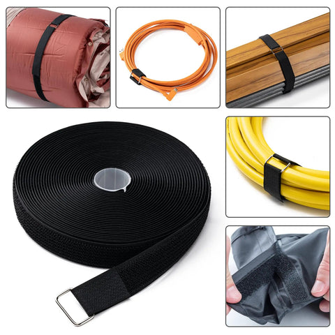 One Inch By Sixteen Foot Hook And Loop Straps With Twenty Five Metal Buckles Adjustable Fastening Straps Cut To Length Nylon Ties For No Fuss Organizer Or Storage Reusable Nylon Cable Ties Black in use with various items.