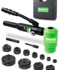 Beefy Hydraulic Knockout Hole Punch Driver Kit One-Half To Four Inches With 12 Ton Punch Capacity shown with accessories