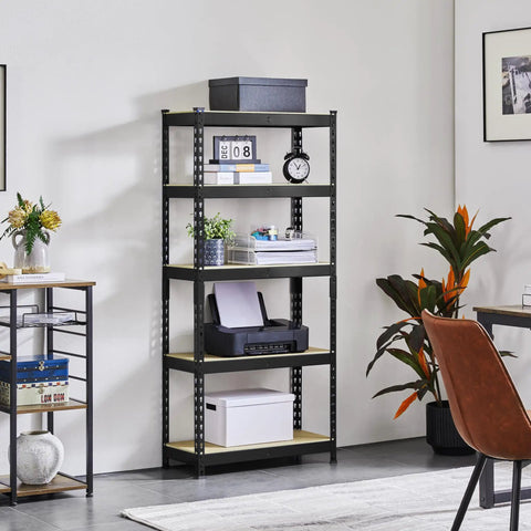 Five Tier Metal Storage Shelving Unit In Black Heavy Duty Garage Rack 60 Inch Tall 386 Lb Per Tier 1930 Lb Total Capacity Powder Coated Iron Frame And MDF Shelves in office