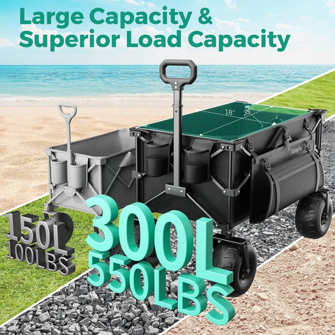 Heavy Duty Beach Wagon With 9 Inch Balloon Wheels, 550 Lb Capacity, foldable design on sand and gravel.
