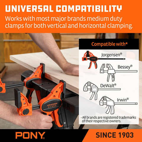 Man using Pony clamps on wooden workpiece showing compatibility with Jorgensen, Bessey, DeWalt, and Irwin brands.