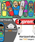 Dope Aluminum Skateboard Wall Mount Hanger With Two Screw Holes For Stable Deck Display And Storage Horizontal Or Vertical Mount Easy Install Silver Finish Pack Of Six showing vertical and horizontal installation.