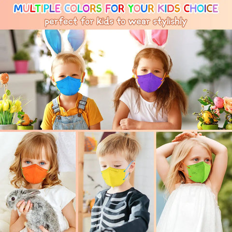 Kids wearing multicolor Kids KN95 Masks 50 Pack 5 Layer Disposable Face Masks with Adjustable Ear Loops in bright settings