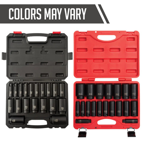 Deep Impact Socket Set 1/2 Inch Drive, 19-Piece SAE Cr-Mo Alloy Steel in black and red storage cases