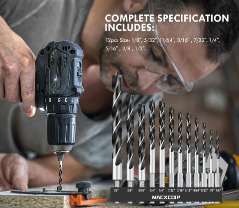 Front view of Brad Point Wood Drill Bit Set, 12 pcs, hex shank, 1/8 to 1/2 in, double-flute design for woodworking