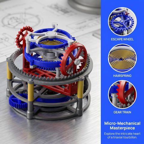 3D Printed Tri Axis Tourbillon Gear Transmission Model For STEM Education Ideal For Classrooms And Gearheads Demonstrates Coordinated Three-Axis Movement Realistic Mechanical Display Durable PET Construction For Education And Display, desk view