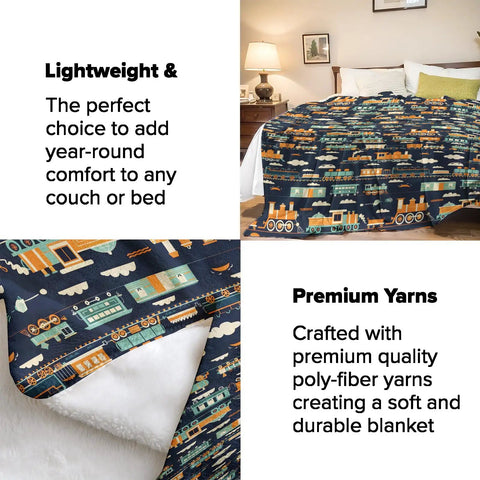 Comfy Train Themed Throw Blanket For Kids And Adults Cute Retro Steam Locomotive Pattern Fuzzy Warm Flannel Plush 50x60 Inches