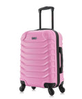 Durable pink carry-on luggage with spinner wheels and hard shell design, perfect for travel. InUSA 20-inch lightweight bag.
