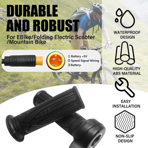 Full Twist Throttle Grip for Electric Bikes and Foldable Scooters with Anti Slip Surface Waterproof 3 Pin Plug Fits 22.2mm Handlebars Works Across 12V to 72V Systems Easy Wire Setup Bright Yellow