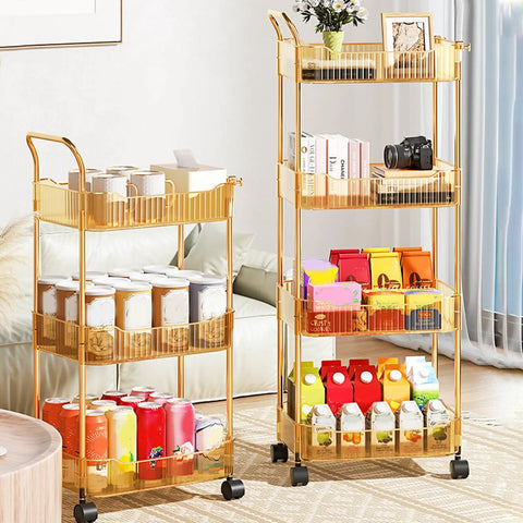 Sleek Clear Acrylic 2 Tier Rolling Utility Cart With Sturdy Handle And Smooth Lockable Wheels for organized storage in kitchen.