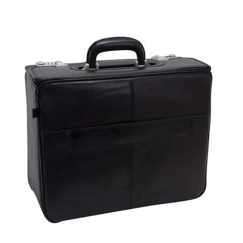 Patented Detachable Wheeled 17 Inch Leather Catalog Briefcase Workhorse With Top Grain Cowhide Built In Laptop Sleeve Black