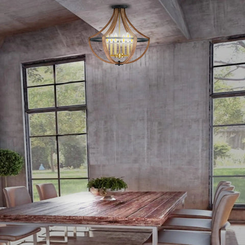 Gold 6 Light Rustic Semi Flush Mount Ceiling Fixture In Black Brown Finish Modern Farmhouse Style in dining room