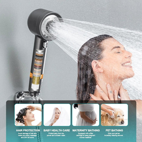 High Pressure Handheld Shower Head With Pause Switch 4 Spray Modes Rain Massage Mist Power Wash Filtration Showerhead shown in use