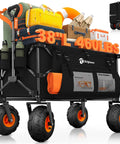 38 Inch Collapsible Beach Wagon With 10 Inch Balloon Wheels For Sand All Terrain Heavy Duty Beast Hauler 460 Pound Capacity Foldable Wagon For Camping Groceries And Sports Black loaded with camping gear and groceries on balloon wheels.