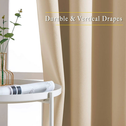 Two Panels Biscotti Beige Blackout Curtains 52 Inches By 95 Inches, Triple Weave Microfiber Grommet Top Thermal Insulated Light Blocking Drapes