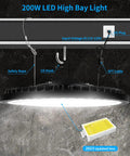 UFO LED High Bay Light 200W 5000K IP65 With US Plug showing mounting details and connections