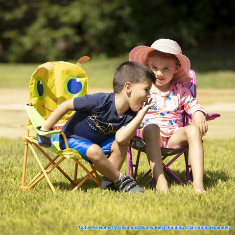 Two children sitting on Cutie Pie Butterfly Foldable Kids Chair For Lawn And Camping with cup holder, outdoors on grass
