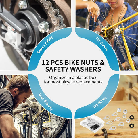 12 Piece Bicycle Axle Nut And Safety Washers Kit With Three Sizes M8 M9.5 M10 For Front And Rear Wheels Fits Mountain Road Kid City Bikes Black And Silver Nut Washers Set Easy DIY Replacement Pro Grade displayed in a circular design with bike maintenance images.