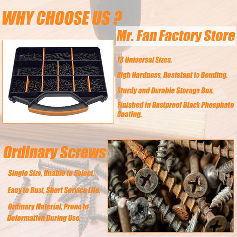 All Purpose Wood And Drywall Screws Kit 1000 Piece Assortment With 13 Sizes From Two And Three Quarters Inch Down To Five Eighths Inch