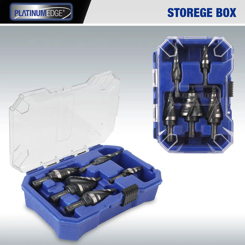 Pro Grade Workhorse 5 Piece High Speed Steel Step Drill Bit Set For Sheet Metal With 50 Hole Sizes in storage box
