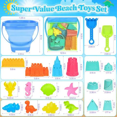 Super Value Beach Toys Set includes Packable Beach Toys For Kids And Tots 22 Piece Sand Set with foldable bucket, molds, mesh bag.