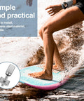 Image of a surfer on a board with a close-up of 6 Piece No Tool Stainless Steel Thumb Fin Screws For Surfboard Longboard Paddleboard And SUP 316 Stainless Replacement Fin Hardware For Men And Women Easy Install Plug And Play Durable Corrosion Resistant Fin Screws inset.