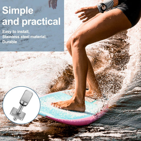 Image of a surfer on a board with a close-up of 6 Piece No Tool Stainless Steel Thumb Fin Screws For Surfboard Longboard Paddleboard And SUP 316 Stainless Replacement Fin Hardware For Men And Women Easy Install Plug And Play Durable Corrosion Resistant Fin Screws inset.