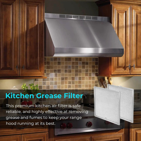 Range Hood Filter Replacement Pack Of 2 For 11 1/4 By 11 3/4 By 3/8 Inch grease filter displayed in kitchen setting