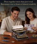 Couple assembling 3D Wooden Puzzle for Adults Immersive 12 Hour Typewriter Model Kit at a table, pieces scattered around.