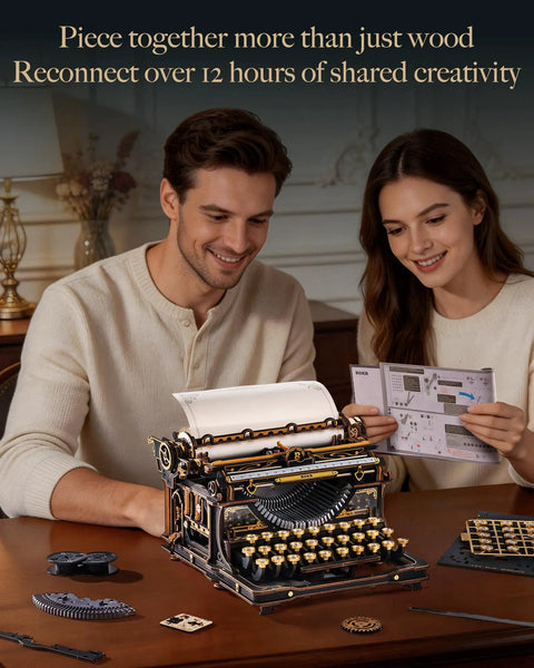 Couple assembling 3D Wooden Puzzle for Adults Immersive 12 Hour Typewriter Model Kit at a table, pieces scattered around.