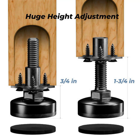 Four Pack Three Eighths Inch Thread Furniture Leveling Feet With T Nuts Beefy Heavy Duty Adjustable Levelers For Chairs And Cabinets On Uneven Floors Up To 330 Lbs Per Foot showing height adjustment.