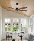 Neojoyoenix 52" 5PCS Solid Wood Blades Ceiling Fan with Lights Remote Control in a sunlit room with black and natural wood tones.