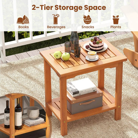 Acacia Wood Outdoor Side Table with slatted top and two-tier storage shelf for backyard poolside patio or indoor use in natural finish.