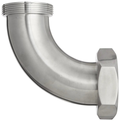 Beefy Stainless Steel 304 Sanitary 90 Degree Bevel Seat Elbow With Hex Nut For 3 Inch Tube OD, side view.