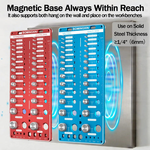 Nut And Bolt Thread Checker Kit With Magnetic Base Pro Grade, wall-mounted for 28 standard and 28 metric gauges identification.