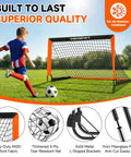 Child playing with Two Pack Backyard Pop Up Soccer Goals 4x3 Ft For Kids, featuring durable fabric and fiberglass poles.