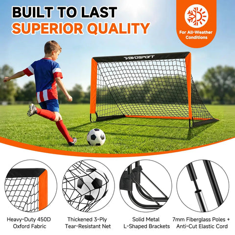 Child playing with Two Pack Backyard Pop Up Soccer Goals 4x3 Ft For Kids, featuring durable fabric and fiberglass poles.
