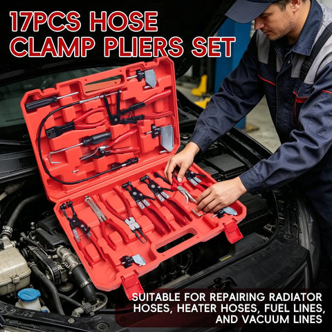 Mechanic using 17-Piece Hose Clamp Pliers Set Go-To Long Reach Pliers for Auto Repair and Automotive Fuel Oil Coolant Radiator Hoses