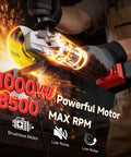Worker using Cordless Angle Grinder For 18V Batteries, Four And A Half To Five Inch, Brushless Motor Up To 9000 RPM, sparks visible