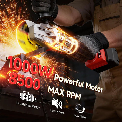 Worker using Cordless Angle Grinder For 18V Batteries, Four And A Half To Five Inch, Brushless Motor Up To 9000 RPM, sparks visible