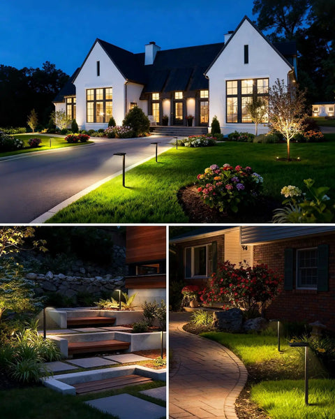 All In One Outdoor Landscape Lighting Kit With 60W Low Voltage Transformer 100 Ft Wire 6 Anti Glare LED Pathway Lights 2 Spotlights And Quick Connectors For Walkway Garden And Yard, illuminated house and pathway at night