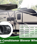 Beefed Up 1472A1191 Wheel Package Blower For RV Air Conditioners Mach Compatible next to RV showing compatibility chart