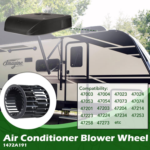 Beefed Up 1472A1191 Wheel Package Blower For RV Air Conditioners Mach Compatible next to RV showing compatibility chart
