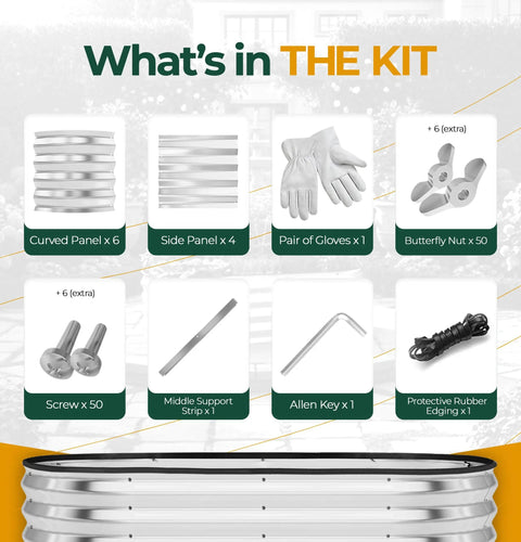 Contents of Galvanized Raised Garden Bed Kit 4x2x1ft including panels, gloves, screws, butterfly nuts, support strip, Allen key, edging.