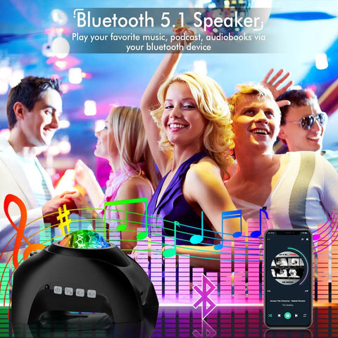 Epic Galaxy Projector Star Light With Bluetooth Speaker White Noise Machine Night Light For Bedroom Kids Adults Game Room Home Theater Ceiling Decor in social setting with music notes.