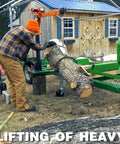 Man using Folding Truck Jib Crane With 1100 Lb Capacity And 880 Lb Pulling Force, 110V Electric Hoist outdoors for log lifting
