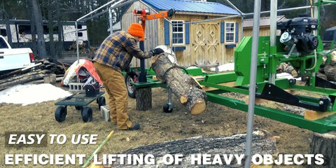 Man using Folding Truck Jib Crane With 1100 Lb Capacity And 880 Lb Pulling Force, 110V Electric Hoist outdoors for log lifting
